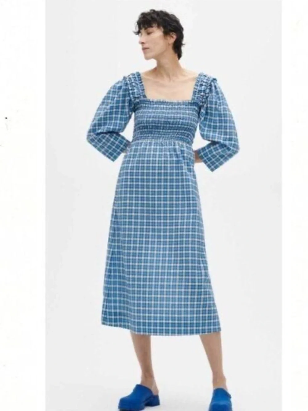 ganni blue plaid dress Smocked Midi White Embroidered Maxi Dress